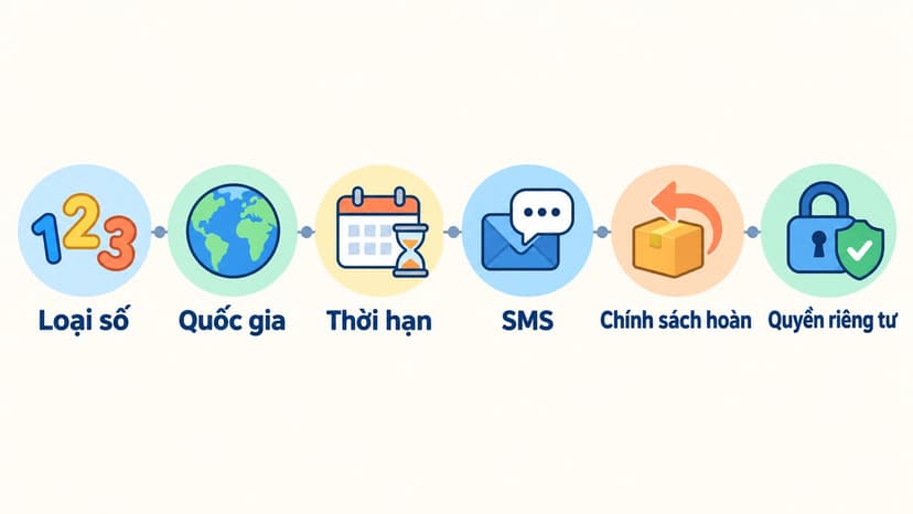 Infographic tiếng Việt về sáu tiêu chí kiểm tra dịch vụ thuê SIM OTP