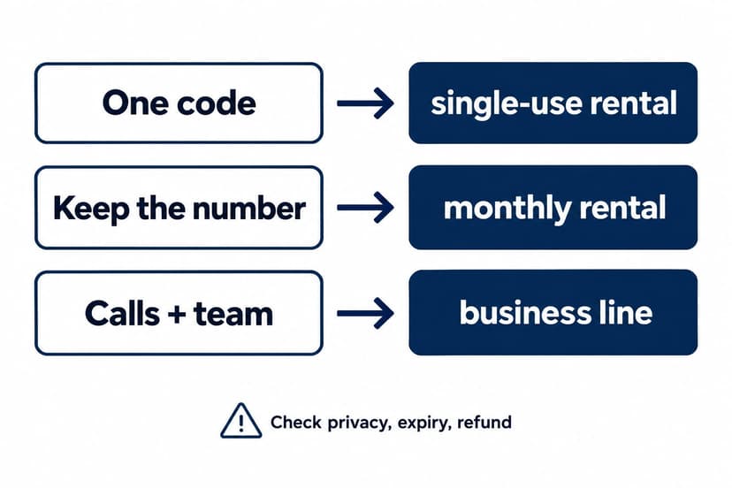 Decision infographic matching one SMS code, a monthly second line and a business phone line to different rental types