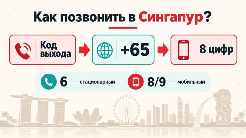 Схема международного набора номера Сингапура: код выхода, +65 и восемь цифр