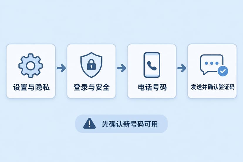 更新 LinkedIn 手机号的四步流程：进入设置、打开登录与安全、选择电话号码、发送并确认验证码