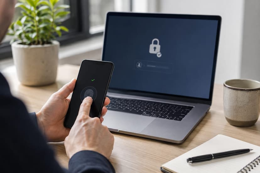 Photorealistic modern office scene with a freelancer unlocking a laptop using fingerprint authentication on a smartphone