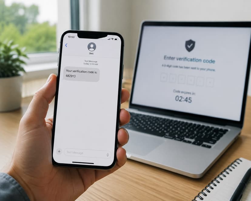 Photorealistic close-up of a smartphone displaying an SMS verification code beside a laptop with a timer on screen, clea