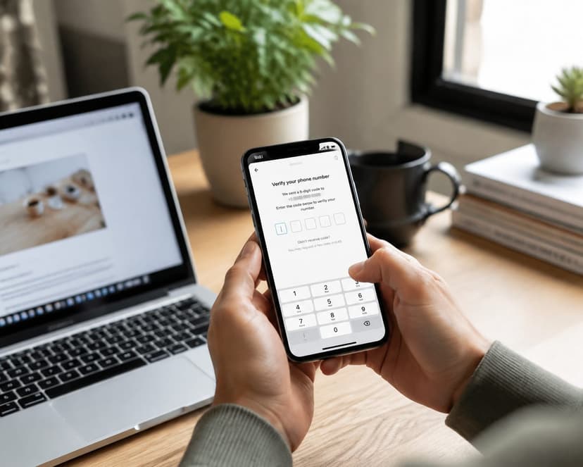 A person holding a smartphone showing a WhatsApp verification screen, sitting at a wooden desk beside a laptop, natural