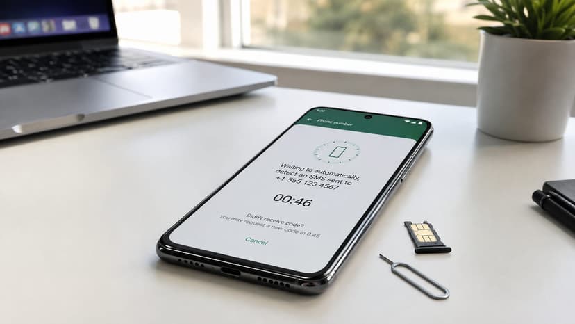 A realistic smartphone on a clean desk displaying a WhatsApp waiting timer, with a SIM card tray and laptop in the backg