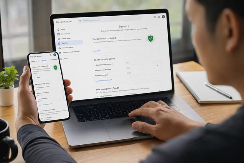 Photorealistic close-up of a person reviewing Google Account security settings on a laptop and smartphone at a clean hom