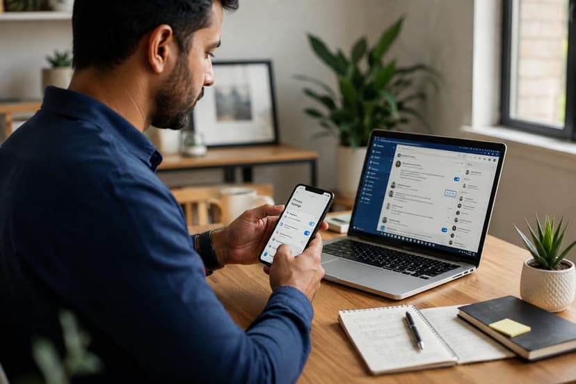 A freelancer reviewing privacy settings on a smartphone beside a laptop at a tidy home office desk, natural window light