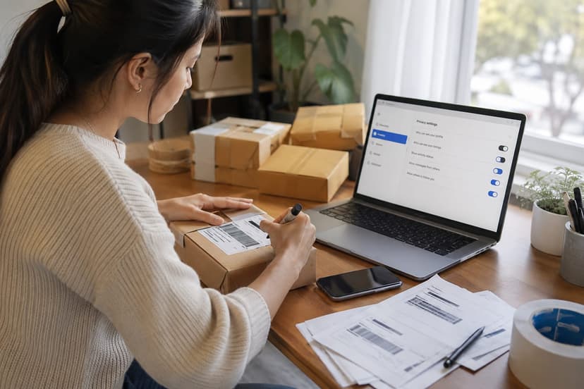 A small online seller checking marketplace privacy settings and removing an old phone number from a laptop, smartphone a