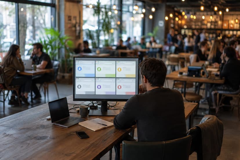 wide environmental shot inside a busy café or co-working space, subject small in frame, heavy background bokeh, a profes