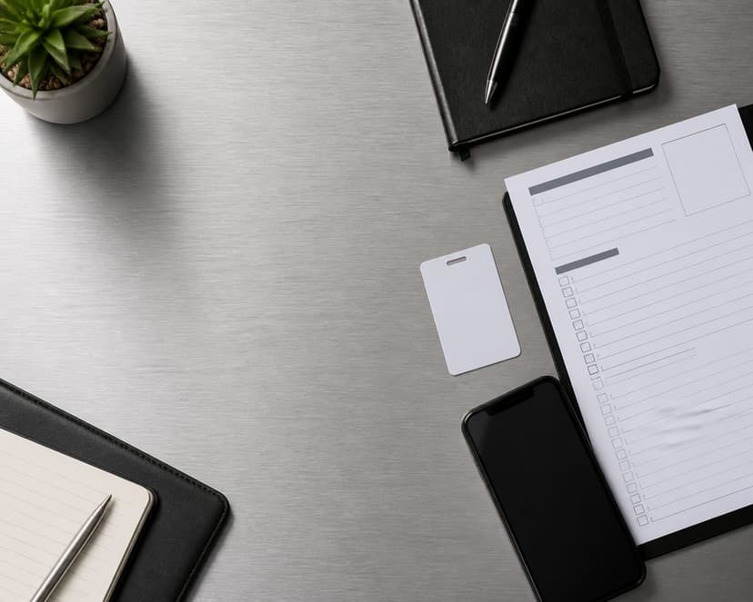 flat lay shot straight down from above onto a brushed metal surface, organized access management notes, secure key card,