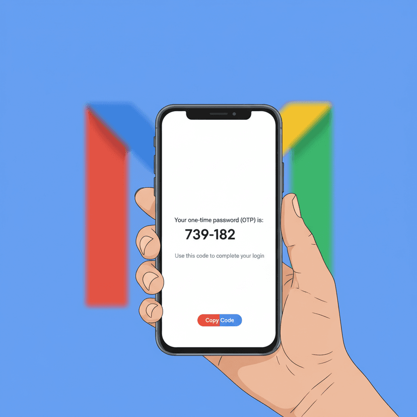 A person's hand holding a smartphone displaying an OTP code, with a blurred Gmail logo in the background, illustrating the concept of receiving a one-time password for verification.