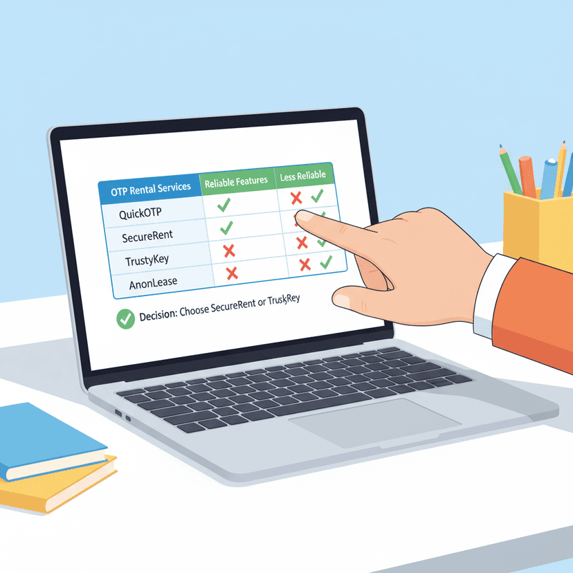 A person's hand pointing at a laptop screen showing a comparison table of different OTP rental services, with checkmarks for reliable features and crosses for less reliable ones, emphasizing the decision-making process for choosing a trustworthy service.