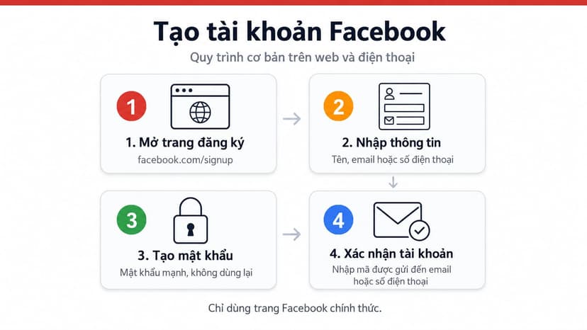 Infographic bốn bước tạo tài khoản Facebook từ mở trang đăng ký đến xác nhận tài khoản