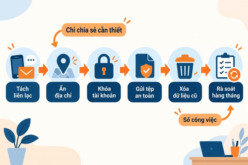 Sơ đồ sáu bước bảo mật dữ liệu cho freelancer từ tách liên lạc đến rà soát hàng tháng