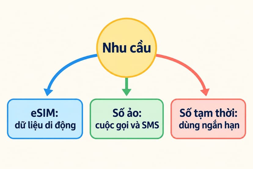 Sơ đồ phân biệt eSIM cho dữ liệu di động, số ảo cho cuộc gọi và SMS, số tạm thời cho nhu cầu ngắn hạn