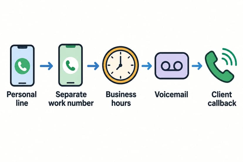 Diagram showing a personal line separated from a work number with business hours, voicemail and client callbacks