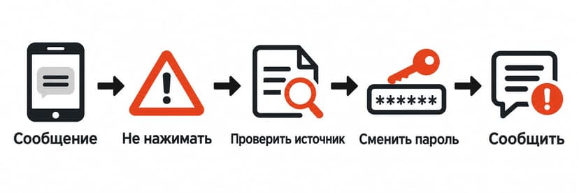 Схема безопасной реакции на подозрительное SMS: не нажимать, проверить источник, сменить пароль и сообщить о попытке