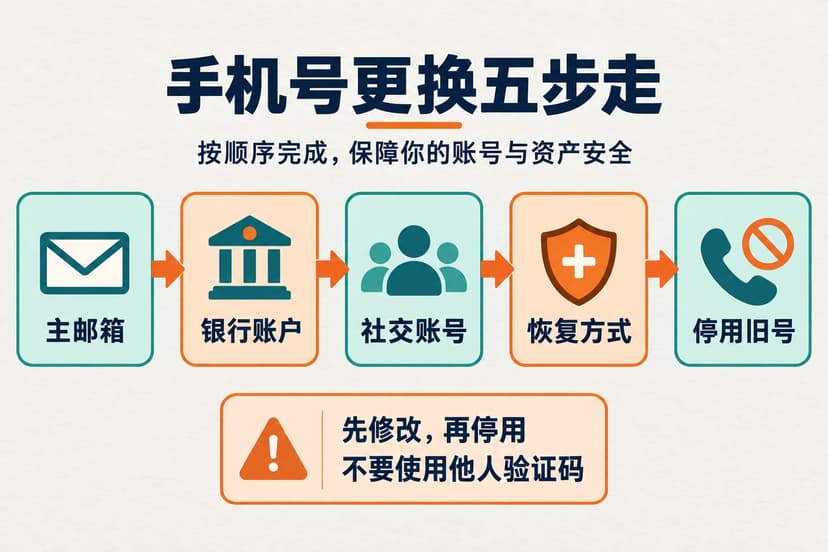 手机号停用前更新账号和恢复方式的五步检查流程图