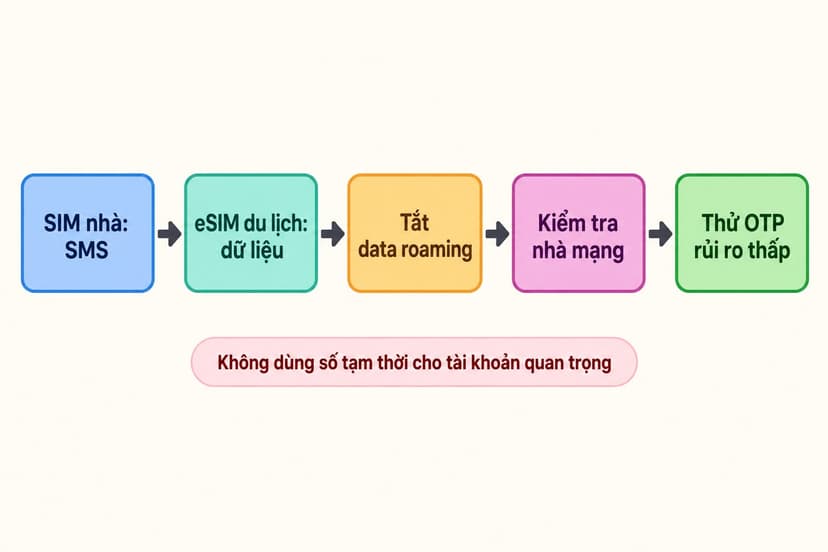 Sơ đồ giữ SIM nhà để nhận SMS và dùng eSIM du lịch cho dữ liệu