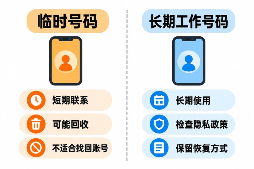 临时号码与长期工作号码的用途、回收风险和恢复方式对比图