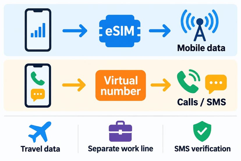 Comparison showing an eSIM providing mobile data and a virtual number providing calls and SMS