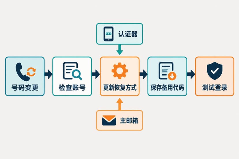 账号恢复方式检查流程:号码变更、检查账号、更新恢复方式、保存备用代码和测试登录