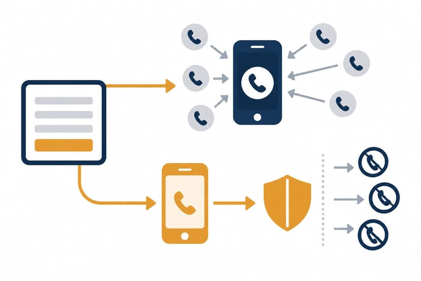Illustrated flow showing how an online form can lead to unwanted calls and how a secondary number creates separation