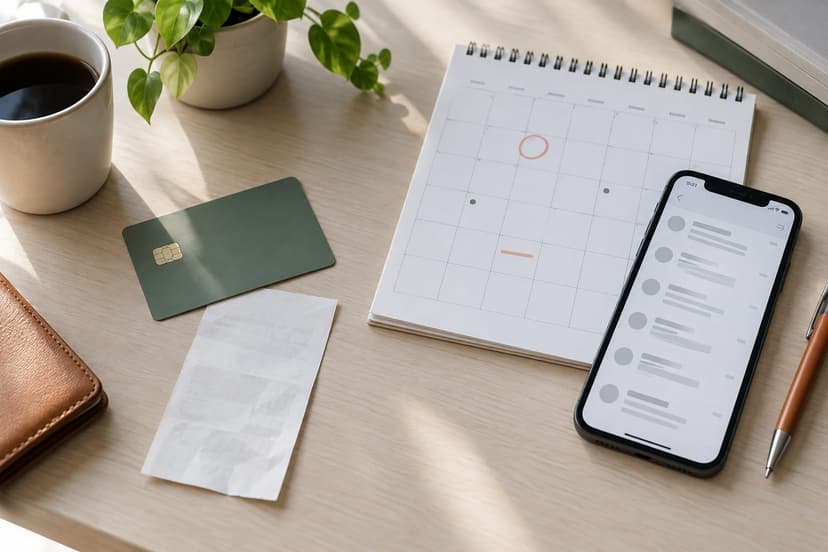 Prepaid card, subscription calendar and phone inbox illustrating virtual-number payment choices