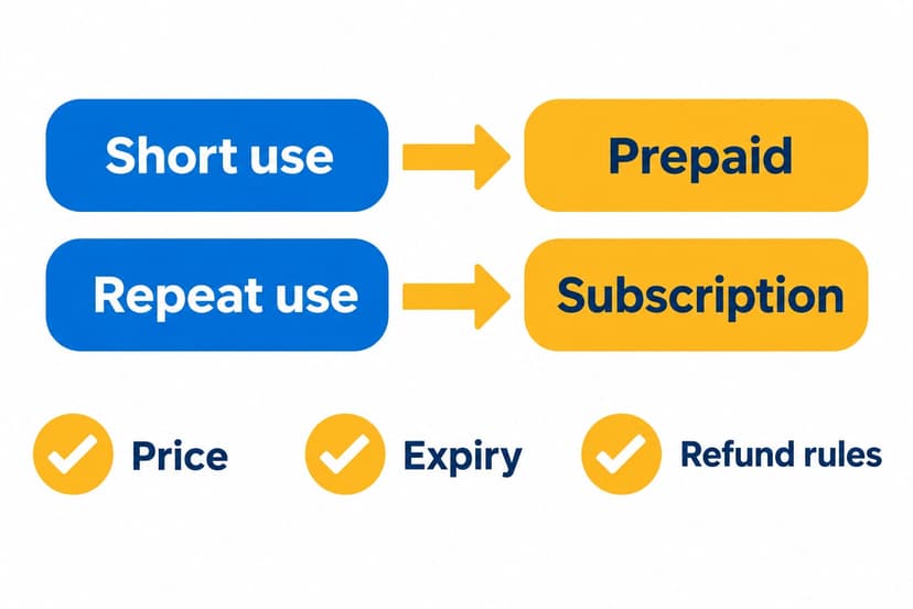 English decision diagram comparing prepaid and subscription virtual-number plans