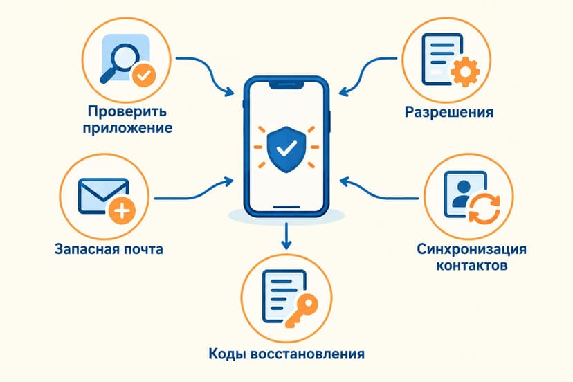 Инфографика на русском о проверке приложения, разрешений, запасной почты, синхронизации контактов и кодов восстановления