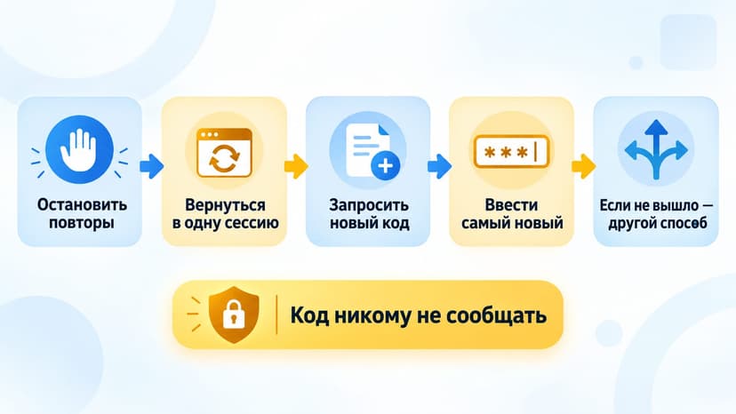 Схема на русском языке: одна чистая сессия, новый код и переход к другому способу восстановления