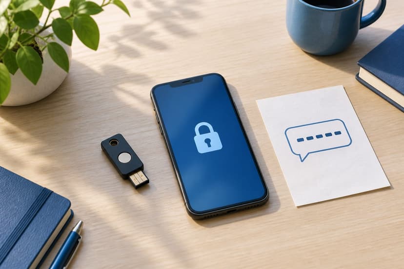 Смартфон, аппаратный ключ и лист с SMS-кодом на светлом столе