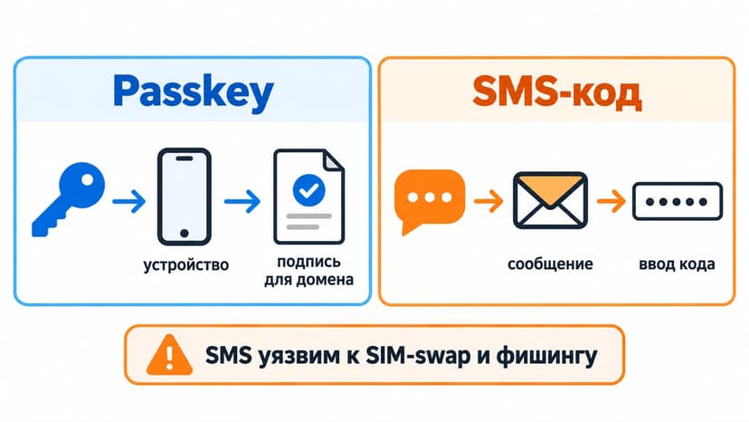 Инфографика сравнивает вход по passkey с вводом кода из SMS и показывает основные риски SMS