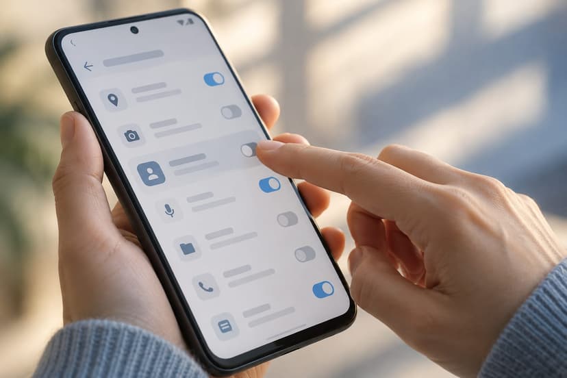 Рука проверяет доступ приложения к контактам на Android