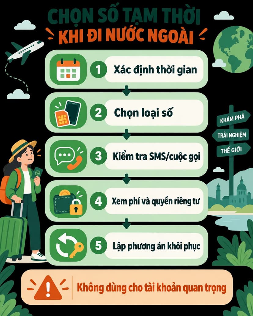 Sơ đồ năm bước chọn số điện thoại tạm thời khi ở nước ngoài