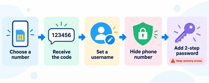 English infographic showing five steps to set up Telegram with a separate number and privacy controls
