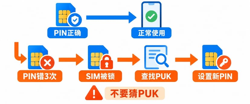 简体中文流程图展示 PIN 正确、输错三次后使用 PUK 解锁并设置新 PIN
