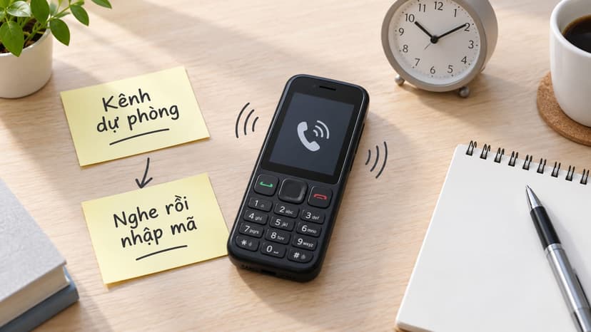 Điện thoại phổ thông nhận cuộc gọi đọc mã OTP trên bàn sáng