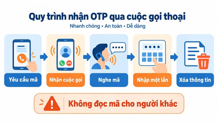 Sơ đồ năm bước yêu cầu, nghe, nhập và xóa mã OTP qua cuộc gọi