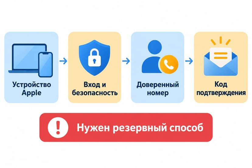 Схема: устройство Apple, раздел входа и безопасности, доверенный номер и код подтверждения