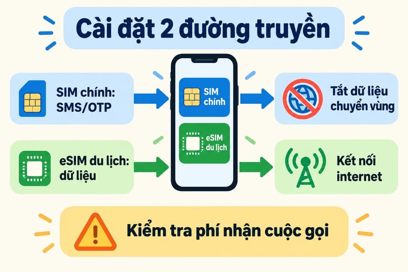 Sơ đồ dùng SIM chính nhận SMS OTP và eSIM du lịch cho dữ liệu