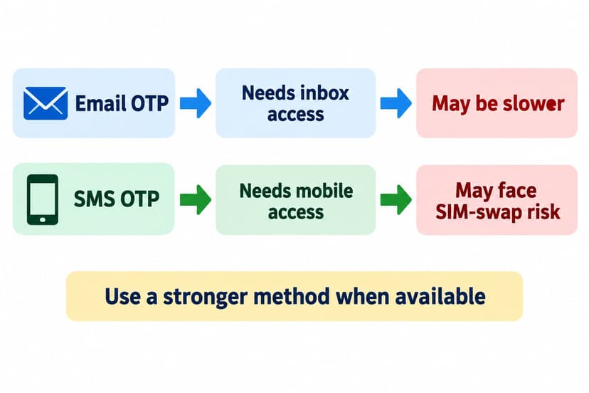 Infographic comparing the access needs and risks of email OTP and SMS OTP