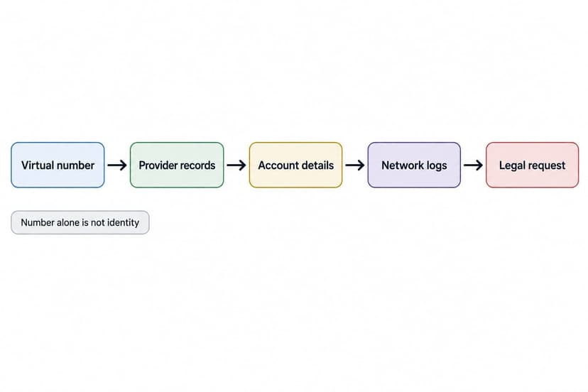 Infographic showing how a virtual number can connect to provider records, account details, network logs and a legal request