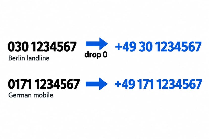 Infographic converting German Berlin and mobile numbers from domestic format to international plus 49 format