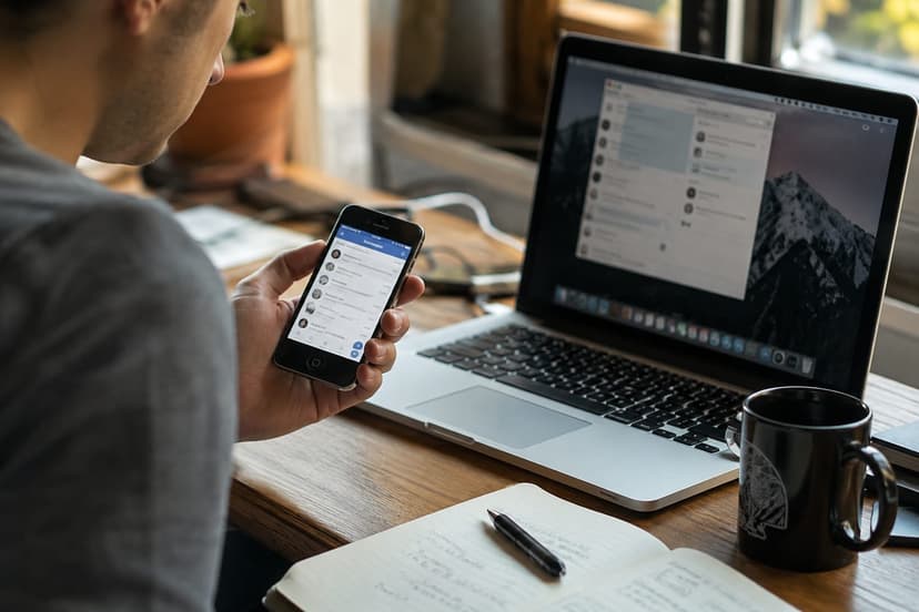 A person checking a Telegram service chat on an old smartphone beside a laptop, realistic home workspace, natural daylig