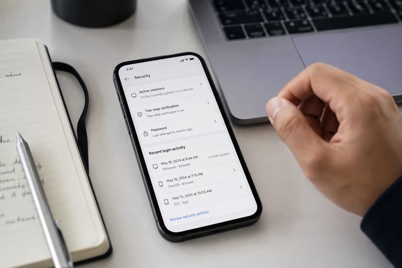 A realistic smartphone security settings screen beside a notebook and laptop, user reviewing active sessions and two-ste