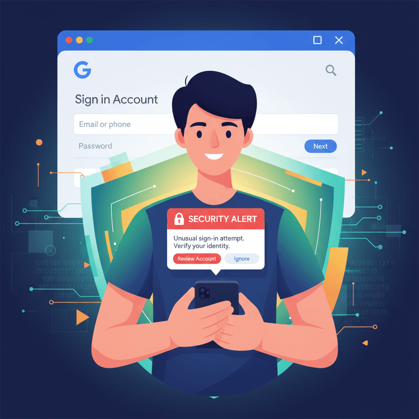 A person holding a smartphone showing a security alert notification, with Google Account login screen in the background, illustrating account security and verification. The image should convey a sense of protection and digital safety.