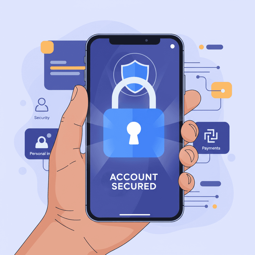 A person's hand holding a smartphone, with a padlock icon on the screen, symbolizing account security. The background shows a blurry interface of Google Account settings. The image should convey strong security and user control.